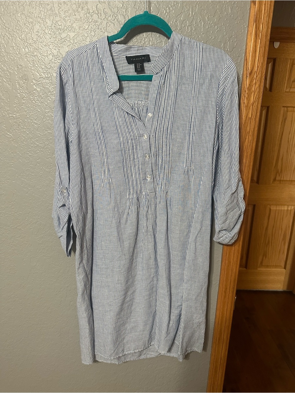 Tahari Blue and White Striped Long-Sleeve Chambray dress
